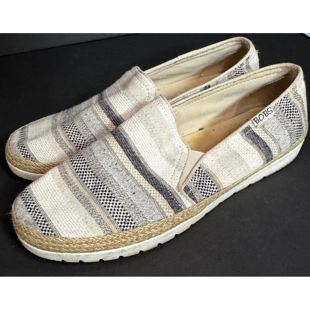 Skechers BOBS Memory Foam Espadrille Slip On Shoes Women's Striped Casual